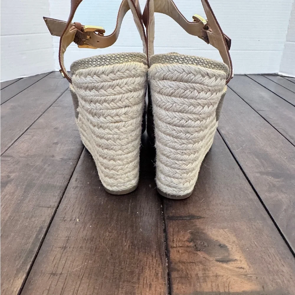 MICHAEL Michael Kors Penelope Jute Wedge Platform Sandals Gold-Tone Canvas 8.5